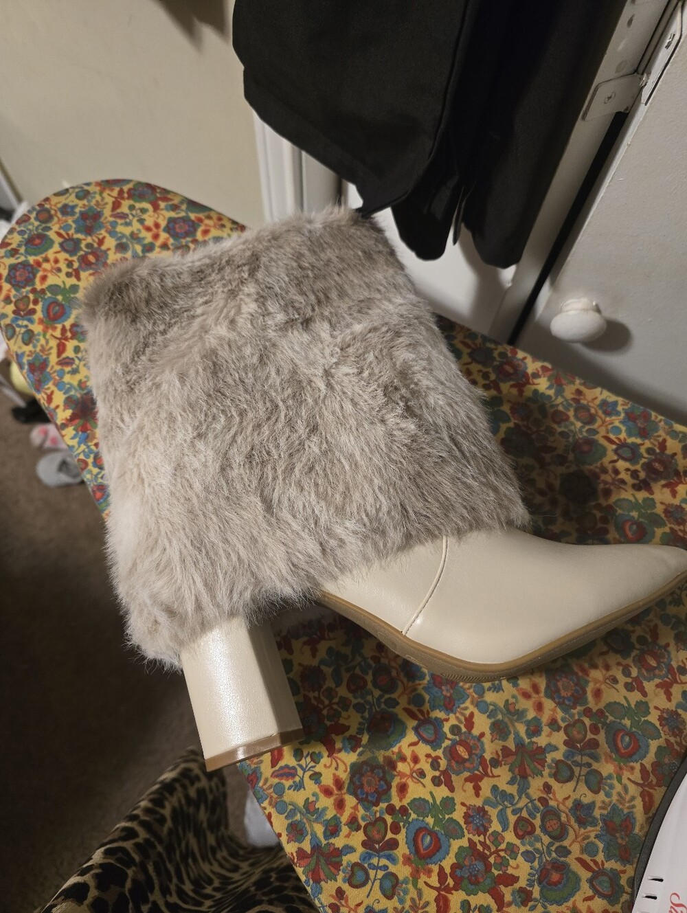 Faux Fur Cream Block Heel Boots - Women's Fashion Boot